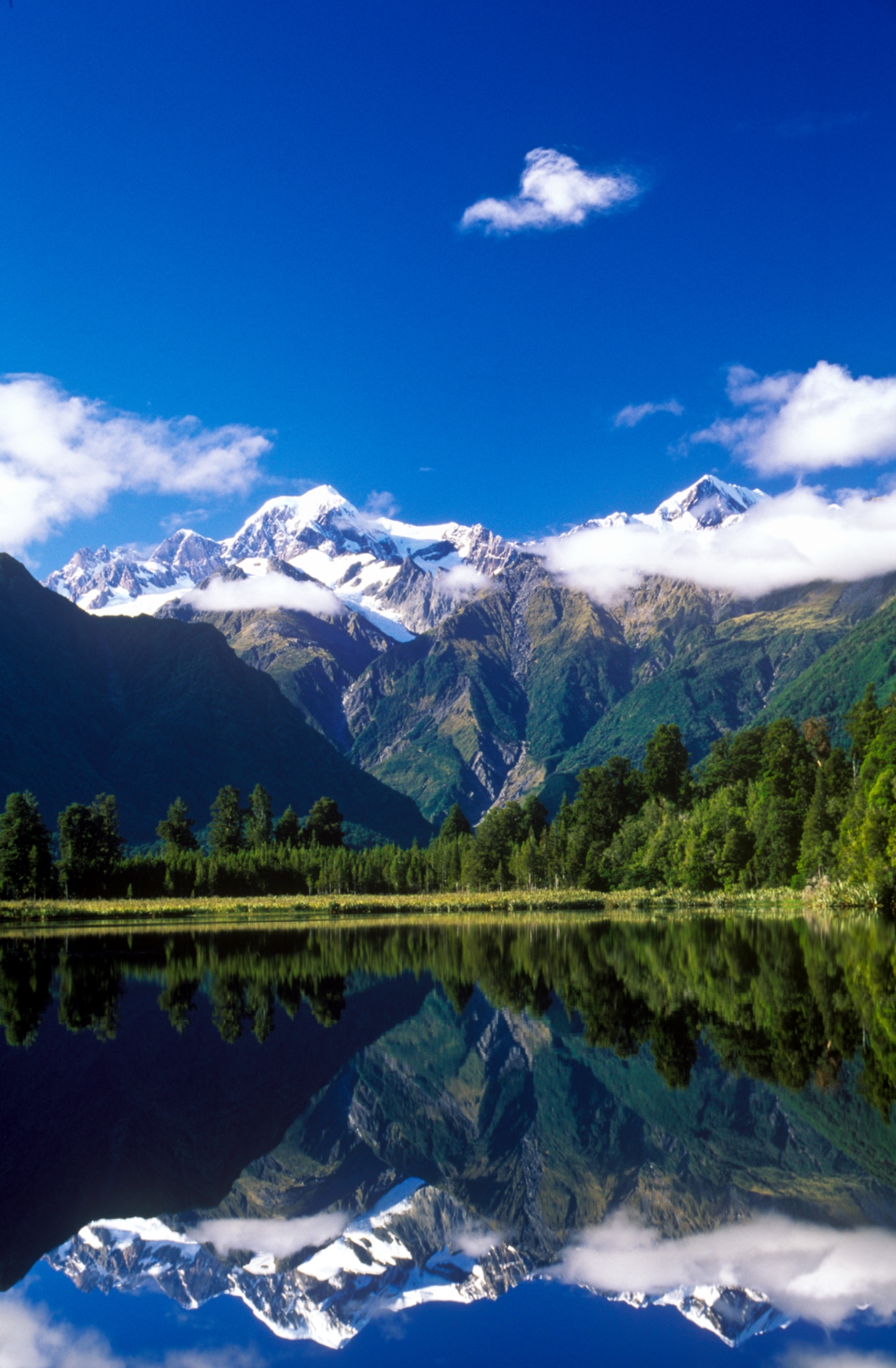 NEWZEALANDWestCoastLakeMatheson.MtCookandthesouthernAlpsreflectedinthestillwatersofthelake